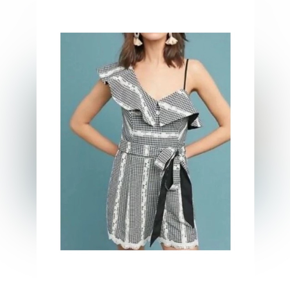 Adelyn Rae One Shoulder Gingham Checkered Ruffled Romper XS - Picture 2 of 13